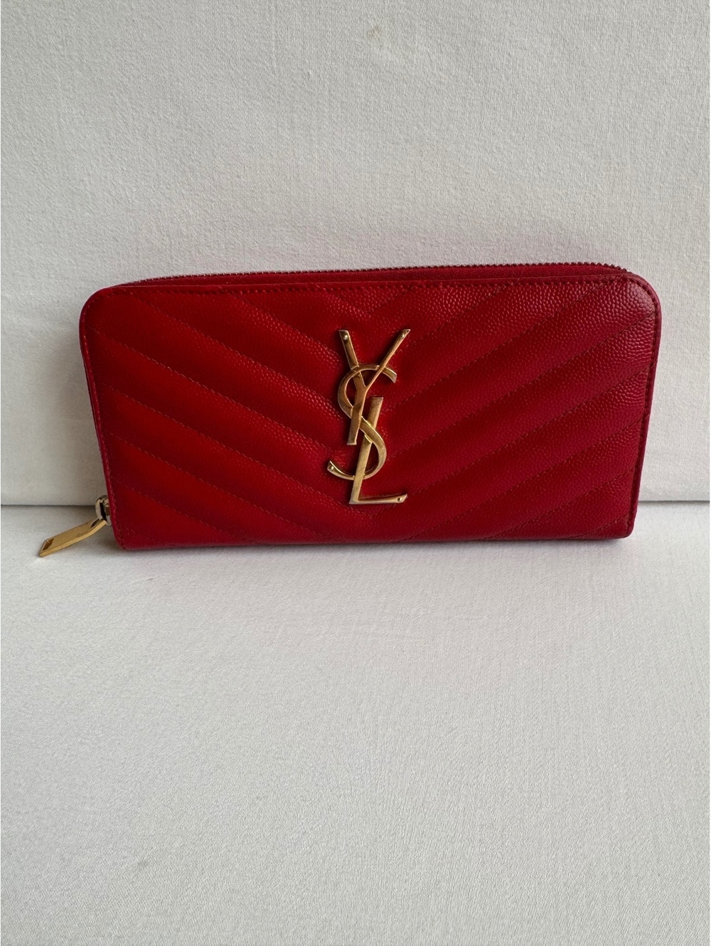 Saint Laurent YSL Monogram Matelassé Chevron Zip Around Wallet Red